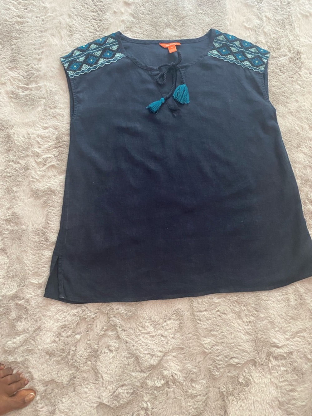 Joe Fresh Navy Tunic Top with Teal Tassel & Embroidered Shoulders